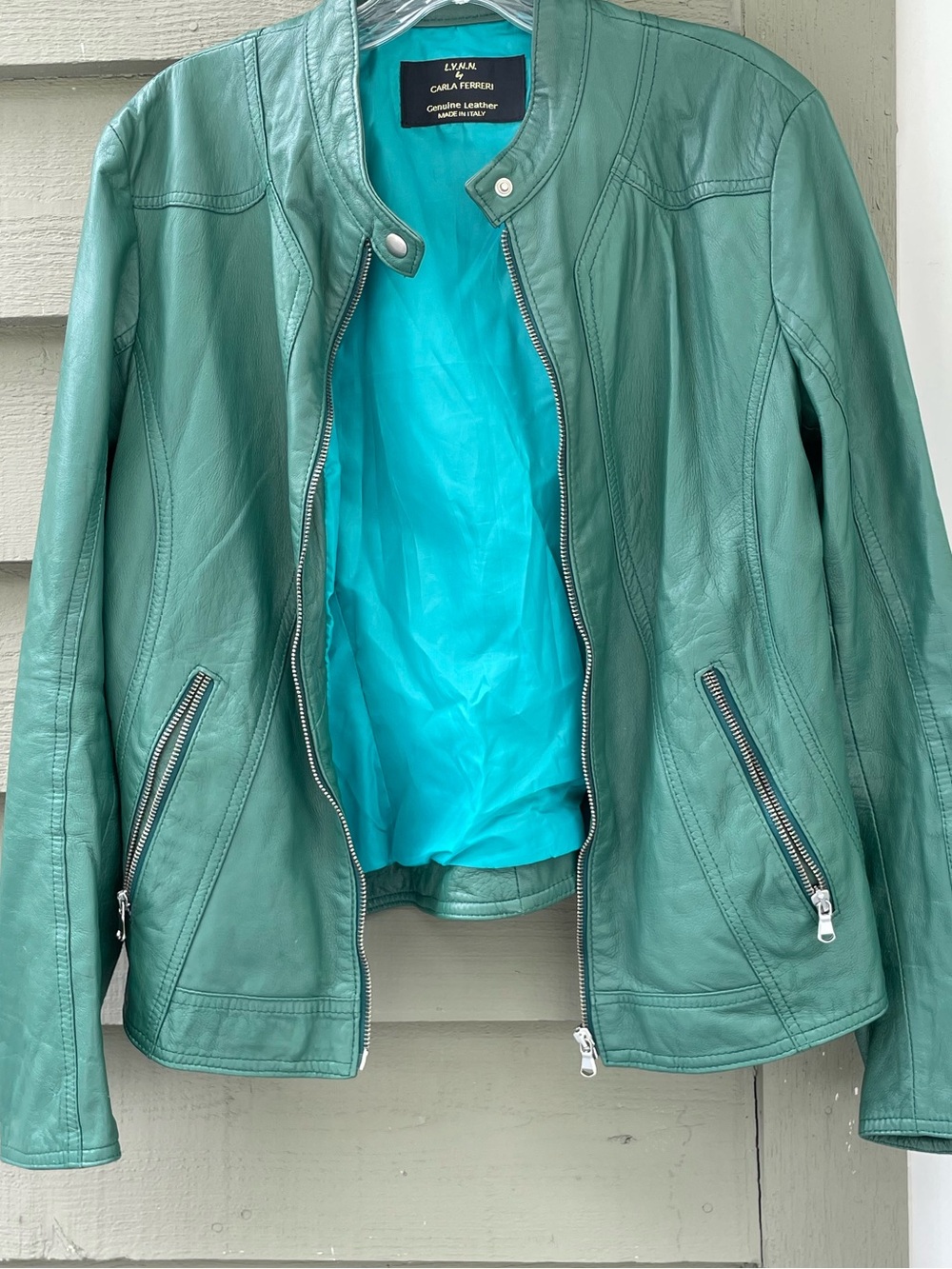 L.Y.N.N. by Carla Ferreri Women's Mint Green Leather Zip-Front Jacket size Large - Picture 7 of 10